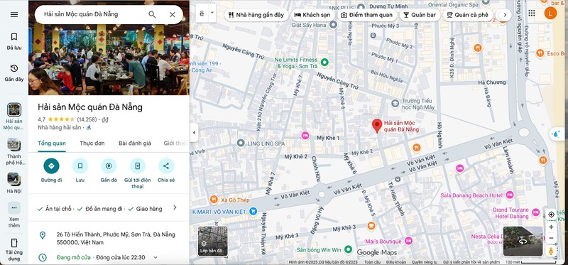 Google maps gợi ý đường đến Mộc Seafood Đà Nẵng